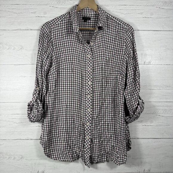Talbots Womens Size Medium Pink Gray Viscose Plaid Casual Button Down Flannel - Picture 1 of 6